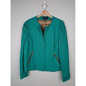 MNG Suit Jacket Womens Large Green Textured Zip Front Lined Blazer Ramie‎ Cotton